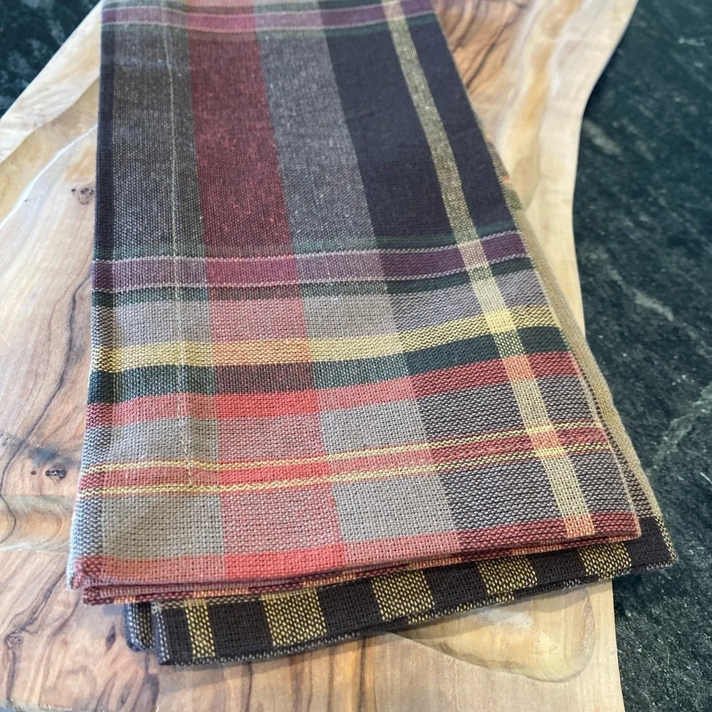 Pottery Barn Woodrow Plaid Cotton Napkins, SET OF 3 Brown Gray Multi Rare Rustic